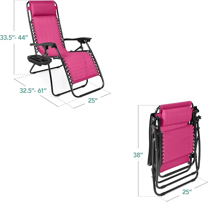 Best Choice Products Set of 2 Adjustable Steel Mesh Zero Gravity Lounge Chair Recliners w/Pillows and Cup Holder Trays - Hot Pink/Black