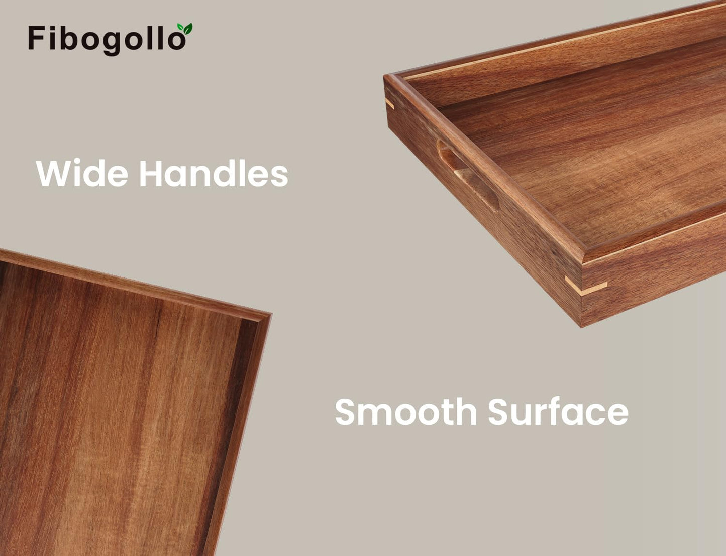 Fibogollo Set of 2 Acacia Wood Serving Tray with Handles,Decorative Trays Platter,Breakfast Tray in Bed,Food Drinks Tray for Eating,Working,Storing(Brown)