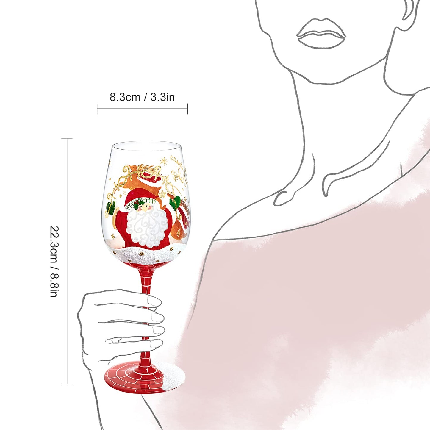 NymphFable Hand Painted Wine Glass 15oz Santa Claus Christmas Elk Deer Snowflake Xmas Christmas Gift for Family Friend（1 piece）