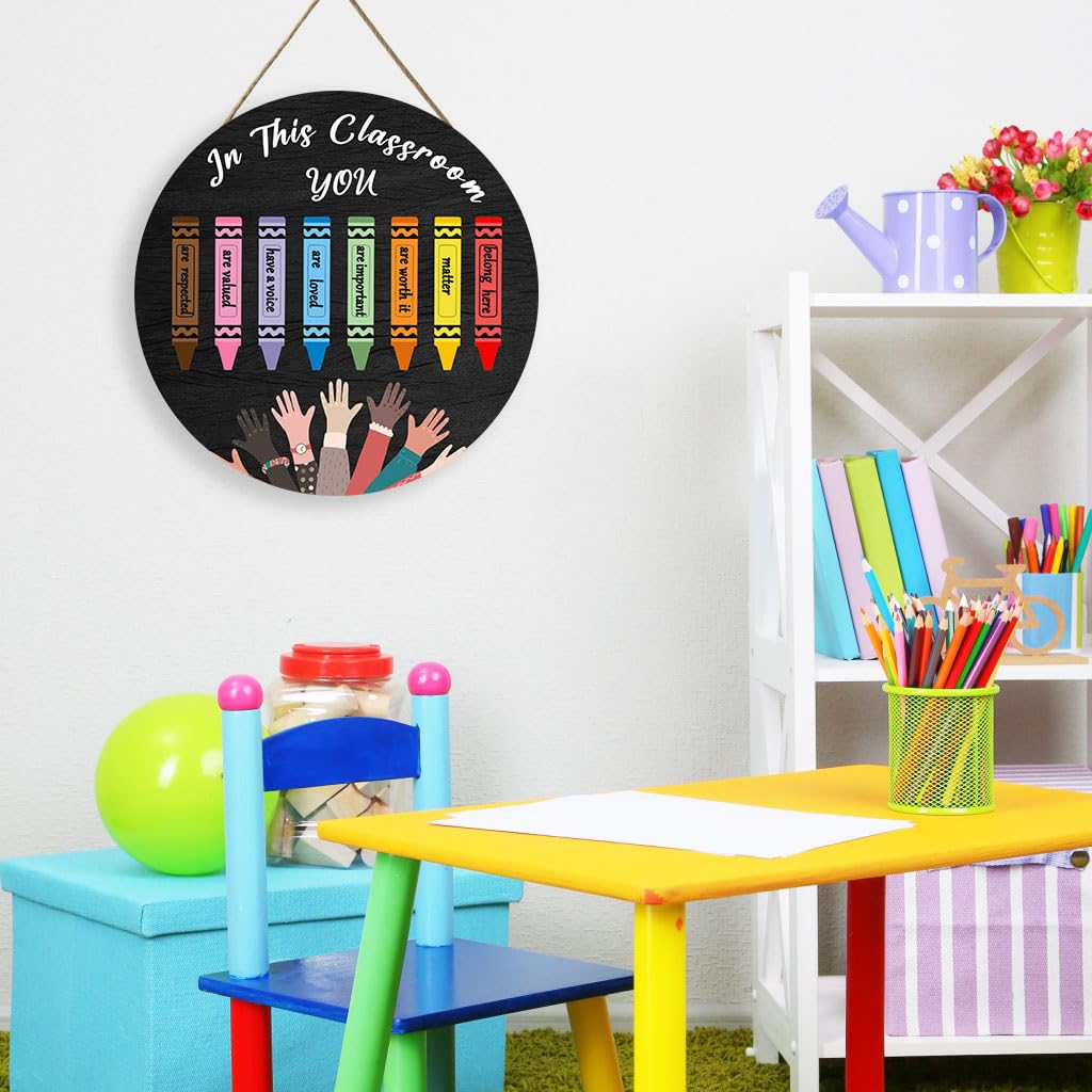 OLMIXA Classroom Rainbow Crayon Wooden Hanging Sign (12x12inch), Back to School Inspirational Quote Welcome Door Hanger Sign, Inclusive Classroom Educational Sign for Library Study Classroom Decor