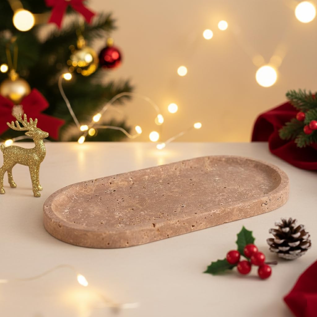 Handcrafted Travertine Tray – Bathroom Counter Organizer, Jewelry Tray, Perfume Organizer & Decorative Tray for Vanity Accessories, Coffee Table Decor & Bathroom Countertop (Oval, Noce)