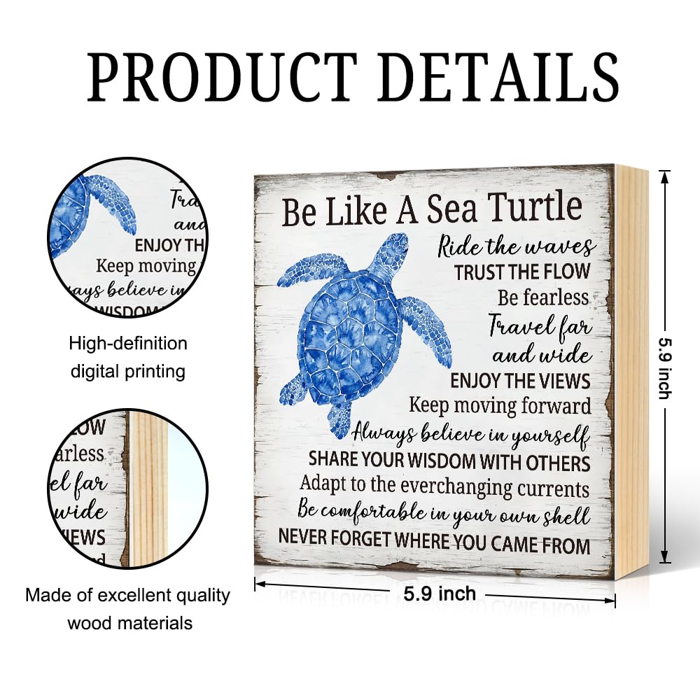 JQYCJTR Be Like A Sea Turtle Wood Block Plaque Box Sign for Home Living Room Coffee House Bar Shelf Table Decoration, Coastal Easter Beach Sign, Sea Turtle Motivational Wisdom Home Decor