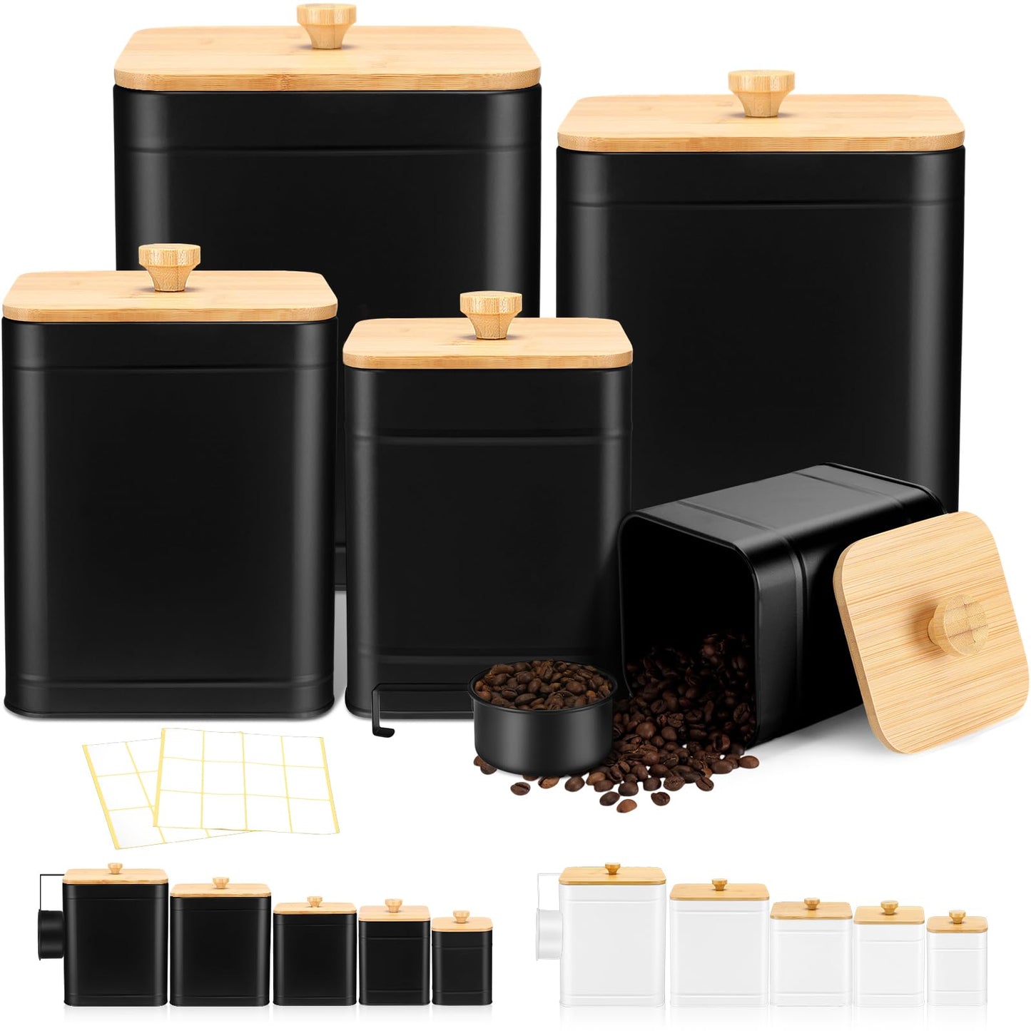 Buryeah 5 Pcs Kitchen Canisters for Countertop with Labels Airtight Metal Containers Coffee Tea Sugar Flour Jars with Spoon Farmhouse Big Food Storage Set for Kitchen(Black)