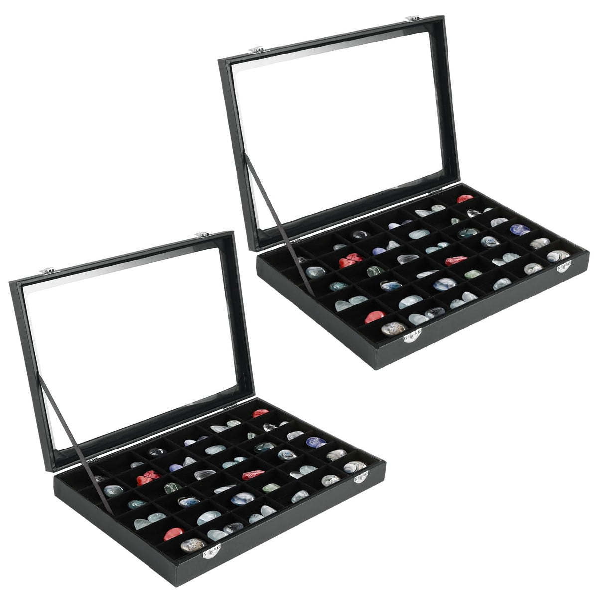 Acrux7 2 Pack Rock Collection Display Case, 36 Grid Rock Display Case, Black PU Leather Rocks Collection Box with Clear Glass Lid and Soft Velvet Grids for Collectibles, Gemstone, Crystal, Small Stone