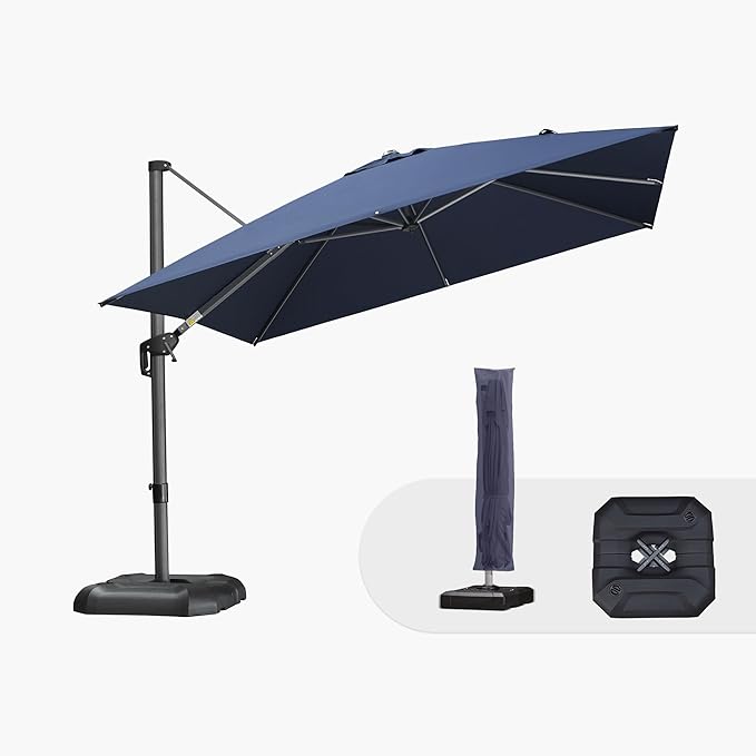 PURPLE LEAF 10'×10' Patio Umbrella with Base and Cover Outdoor Umbrella Large Cantilever Umbrella Windproof Offset Heavy Duty Sun for Garden Deck Pool Patio Navy Blue