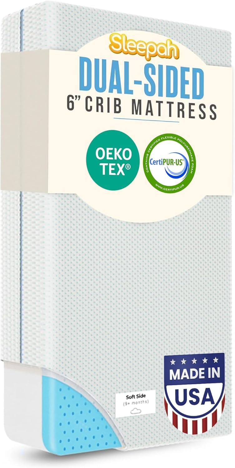 Sleepah 6" Crib & Toddler Bed Mattress - Made in USA – Waterproof Washable Breathable Soft Fabric - Dual Sided Cooling Memory Foam – CertiPUR & OKEO-Tex Certified Mattresses for Baby & Toddlers Blue