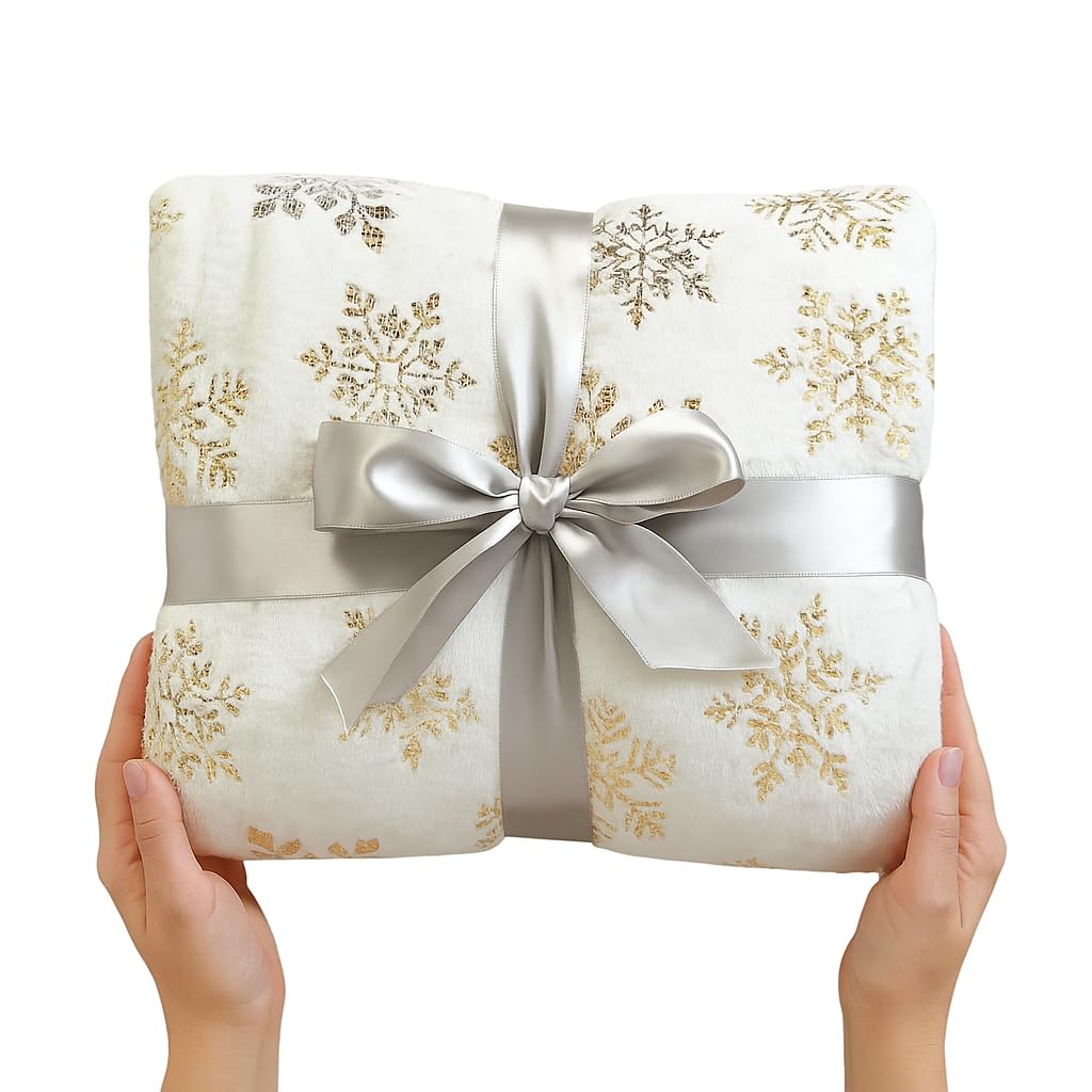 Serafina Home Christmas Holiday Throw Blanket: Velvelty Soft, Durable Fleece Accent for Bed or Couch (Golden Snowflakes, 50 x 60 inches)