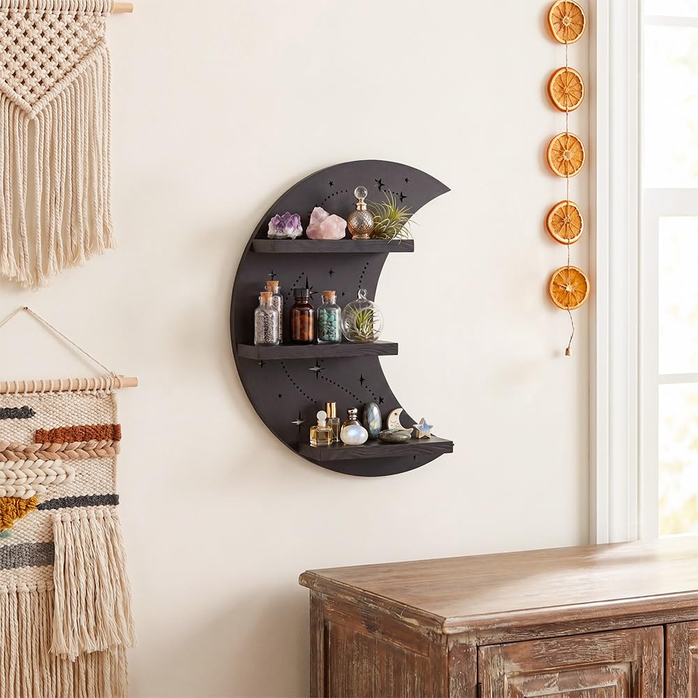 FNYDOX Crescent Moon Shelf with LED Light, Trinket Shelf & Moon Wall Light for Rocks Gems Healing Stones Crystals Display Shelf, Celestial Decor Crystal Holder Witchy Wall Decor