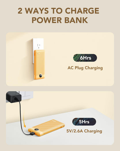 VRURC Portable Charger Built-in Cables and AC Wall Plug, USB C Power Bank 10000mAh, Travel Essentials Phone Charger Compact Lightweight External Battery Pack for Smart Phones, Tablets etc-Pink