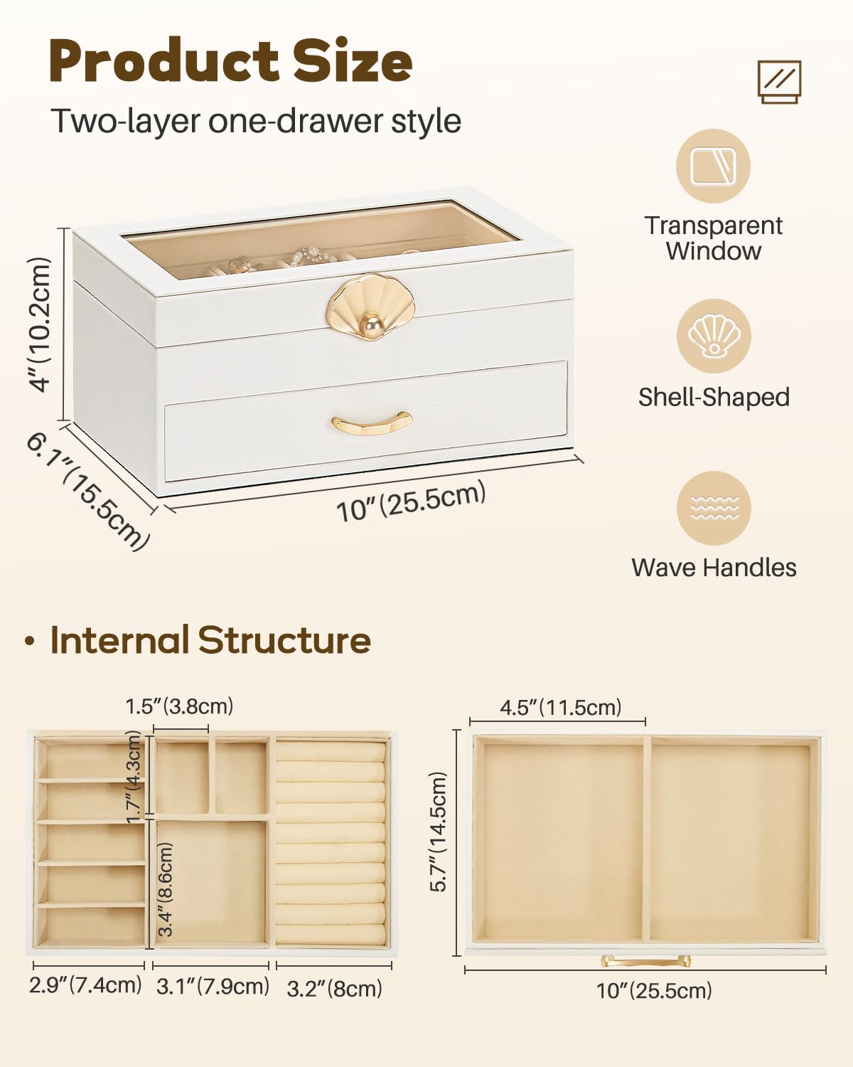 Enthralite Jewelry Box with 1 Drawers: Display Organizer for Earrings Necklaces - Christmas Gifts for Girls Women (White)