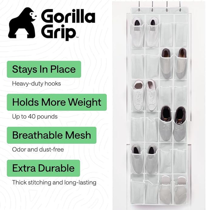 GORILLA GRIP Over the Door Shoe Organizer, 24 Large Breathable Mesh Pockets
