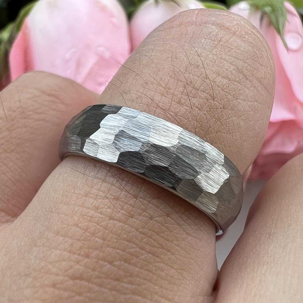 TUTISS 6mm Hammered Tungsten Carbide Rings for Men Women Engagement Wedding Bands Domed I Love You Engraved Comfort Fit Size 9.5