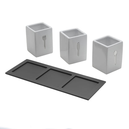 Towle Living 3-Piece Ceramic Caddy with Wood Tray, White, Black