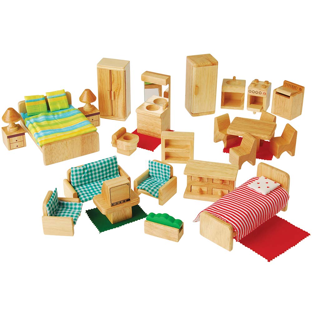 Constructive Playthings Children's Hardwood 26 Piece Play Furniture Set to Furnish 4 Dollhouse Rooms