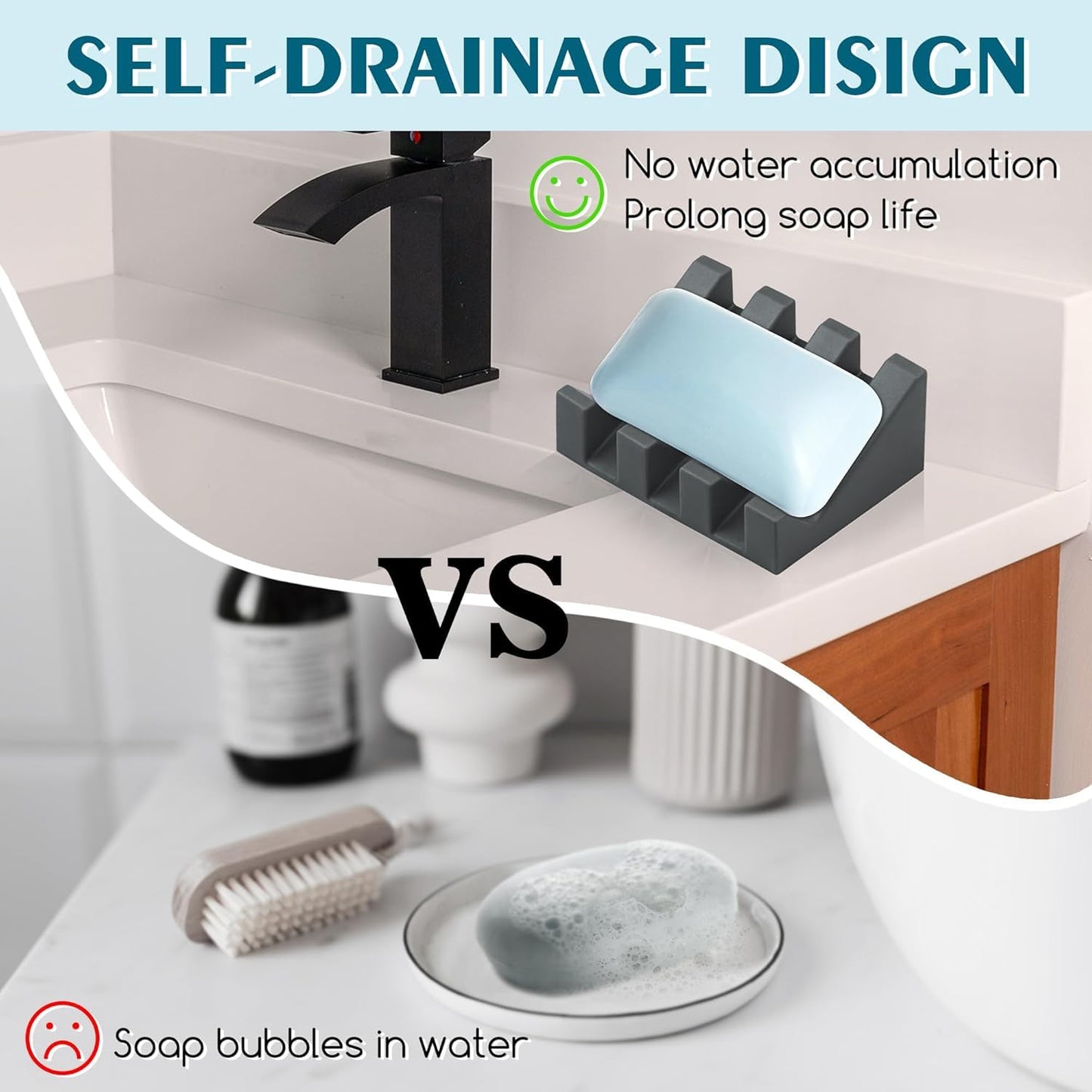 Self Draining Silicone Soap Dish with Suction Cups - Non-Slip Bar Soap Holder for Shower & Kitchen, Waterfall Tray Keeps Soap Dry, Easy Clean, Extends Soap Life (Gray, 1)