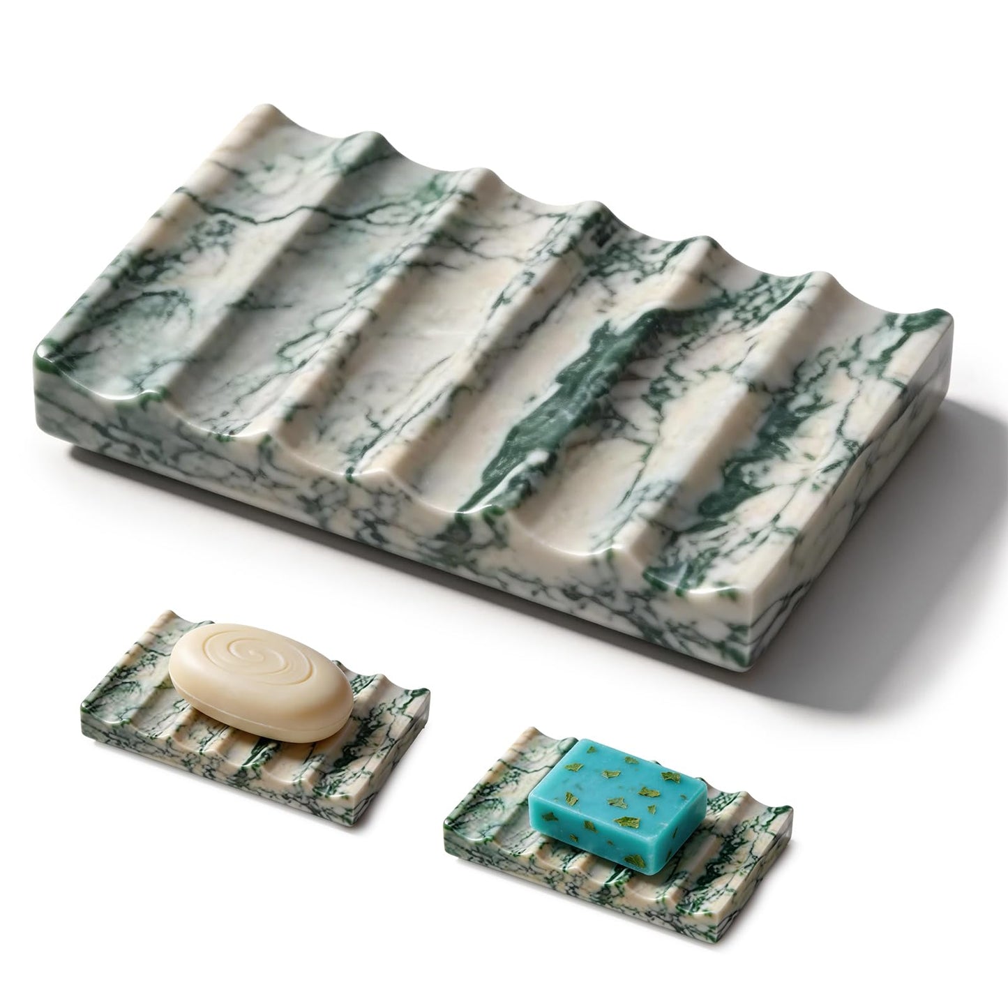 Green Marble Soap Dish, Natural Stone Soap Tray for Shower, Elegant Bar Soap Holder for Bathroom, Kitchen, Countertop, Waterfall Design for Fast Drying