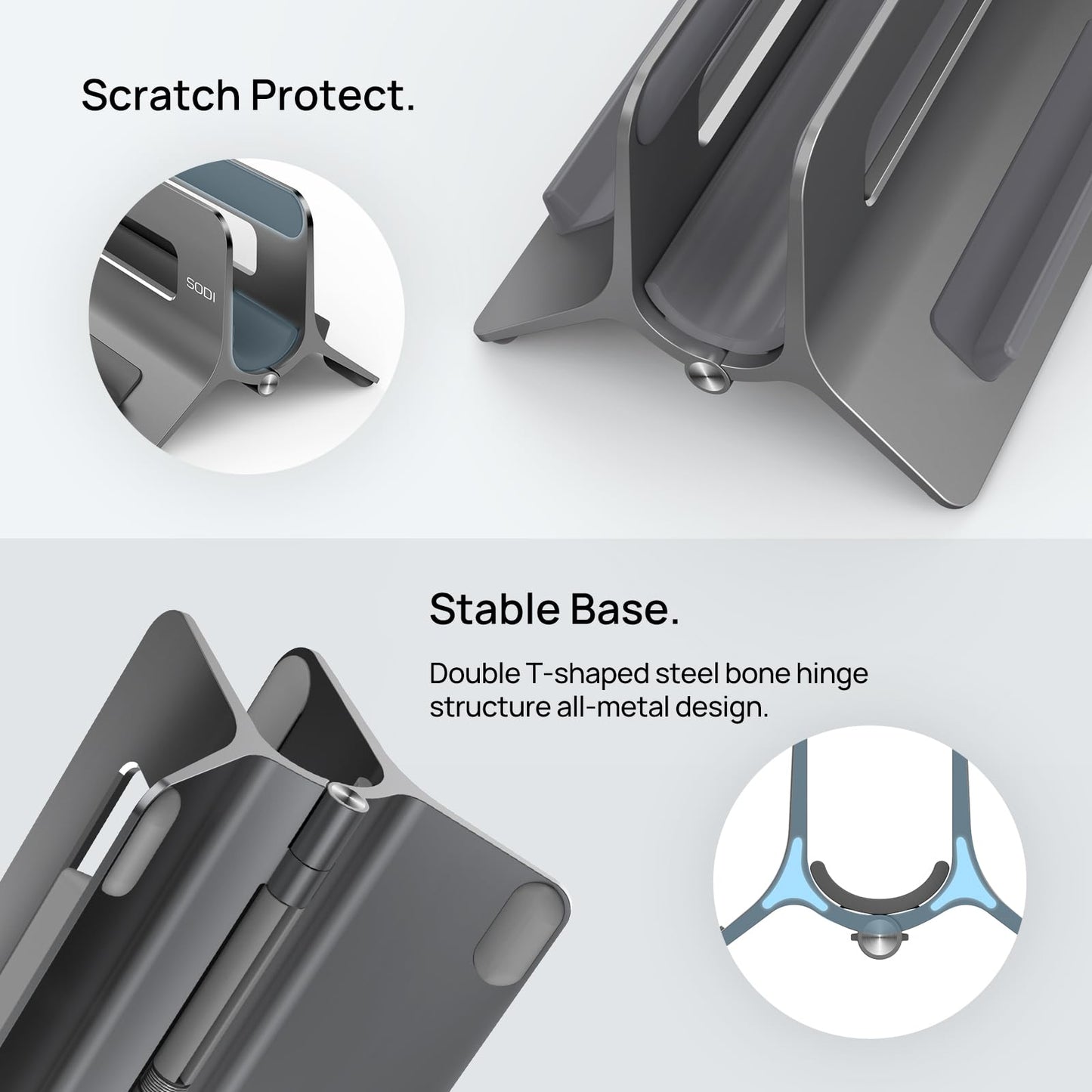 SODI Vertical Laptop Stand for Desk, Gravity Auto Lock MacBook Stand, Aluminum Laptop Holder Vertical Compatible with MacBook Pro, Air, Tablet, Space-Saving Organize Work & Home Office, Gray