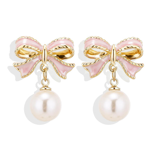 Pink Bow Earrings for Women Trendy Stuff Cute Bow Pearl Drop Dangle Earrings Bowknot Stud Wedding Party Daily Jewelry Accessory Gifts Christmas Stocking Stuffers