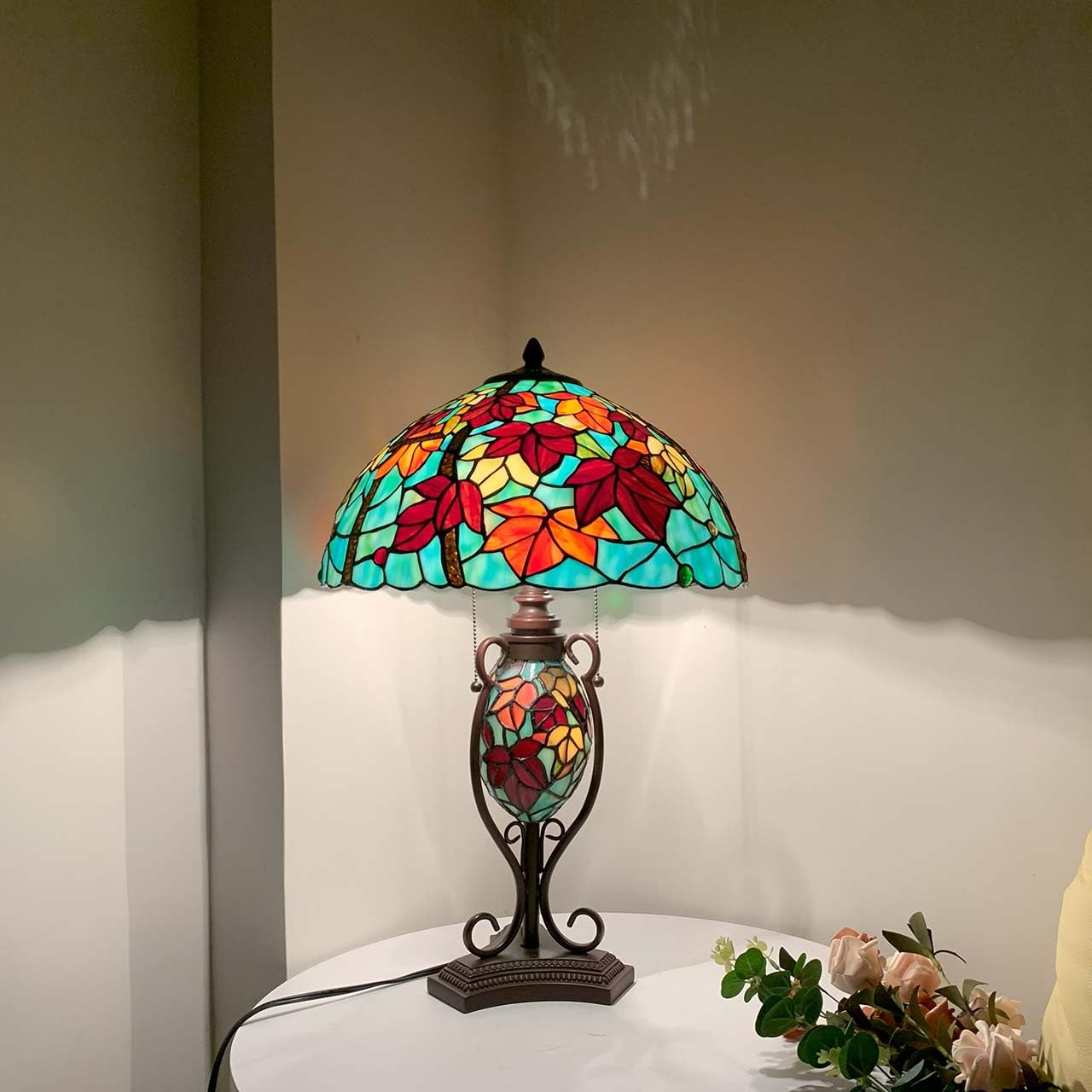 Bieye L10883 Tiffany Style Stained Glass Table Lamp Double Lit for Home Decor 16Wx24H (Maple Leaves)