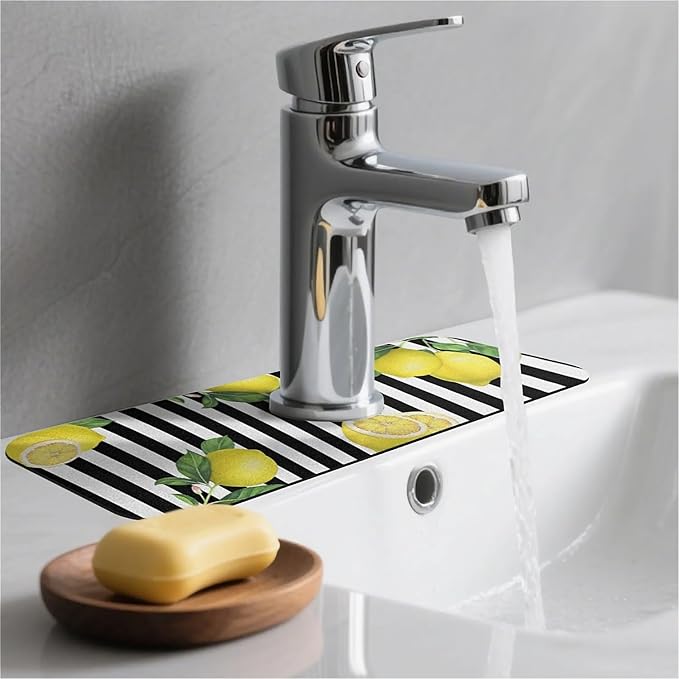 Kitchen Sink Splash Guard，Lemon-and stripes Faucet Mat Sink Gadgets-Super