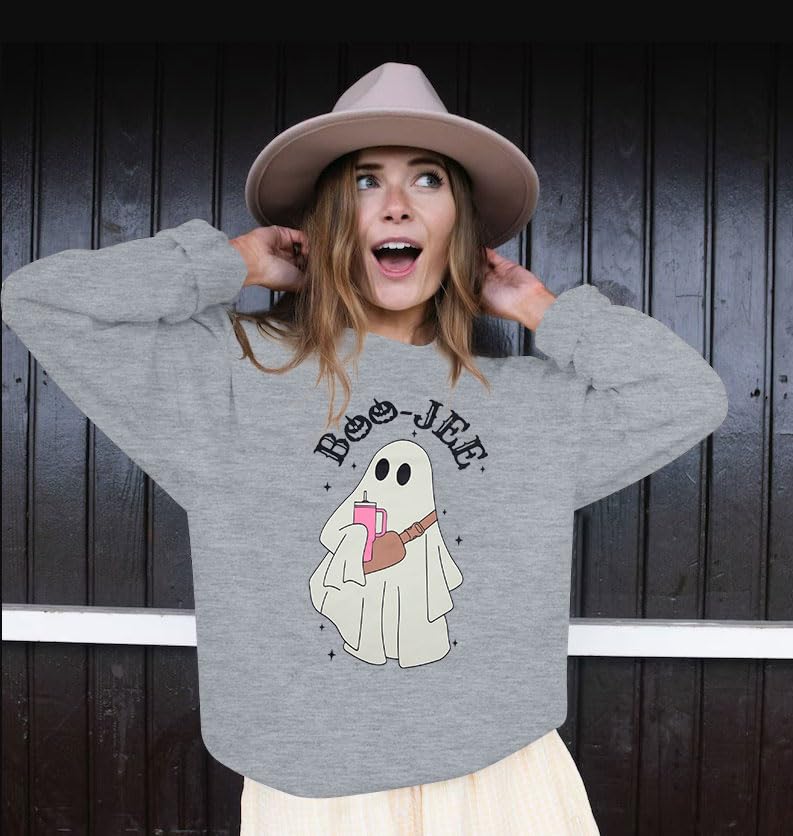 DUTUT JEE Ghost Halloween Sweatshirt - Women's Funny Spooky Season Pumpkin Graphic Long Sleeve Pullover Top Light Grey