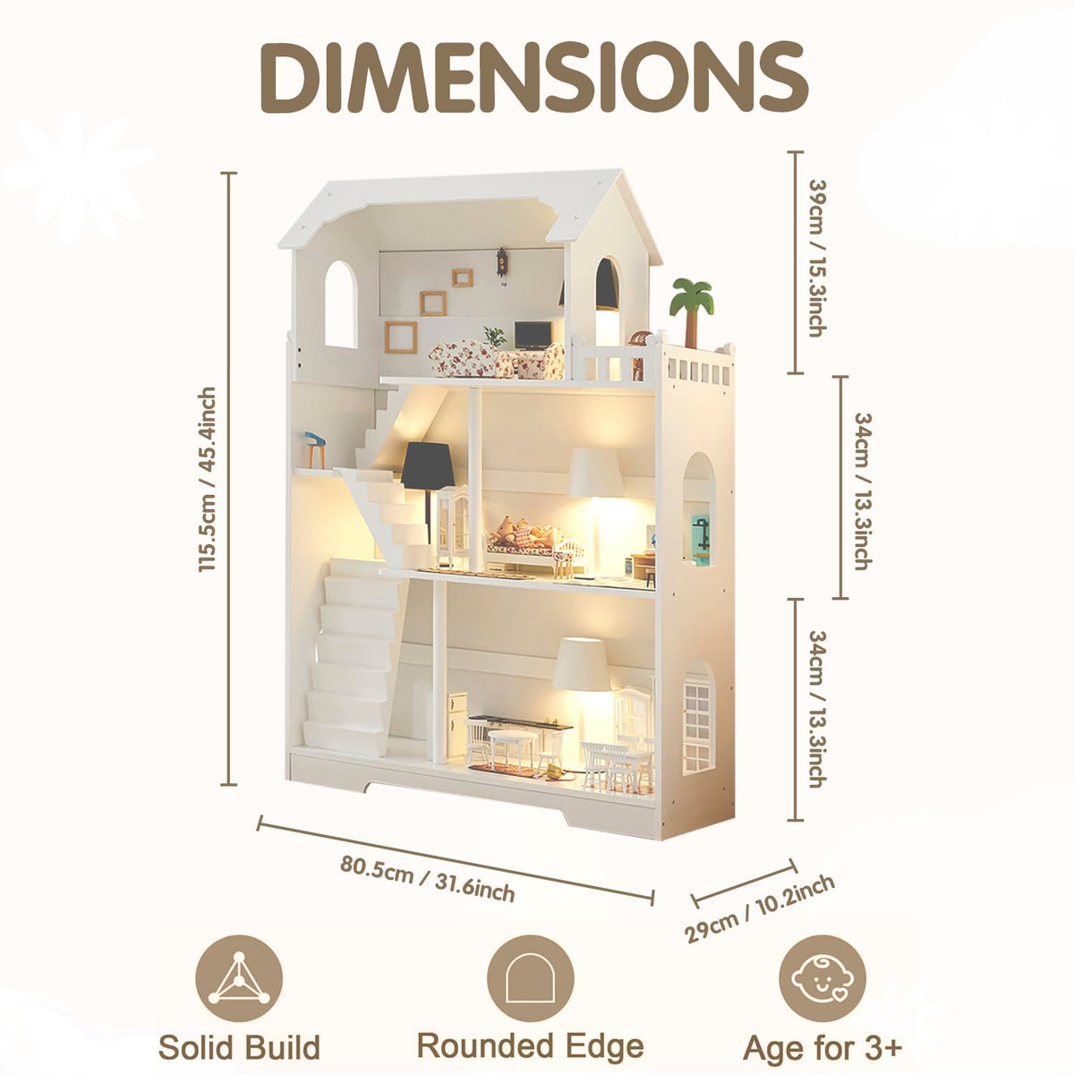 Ocinone Wooden Dollhouse Bookshelf - Toddler Doll House Bookcase, Extra Space Kids Toy Storage Book Shelf, 3-Tier Children Dollhouse, Pretend Play Toy House (Modern Flat Roof)