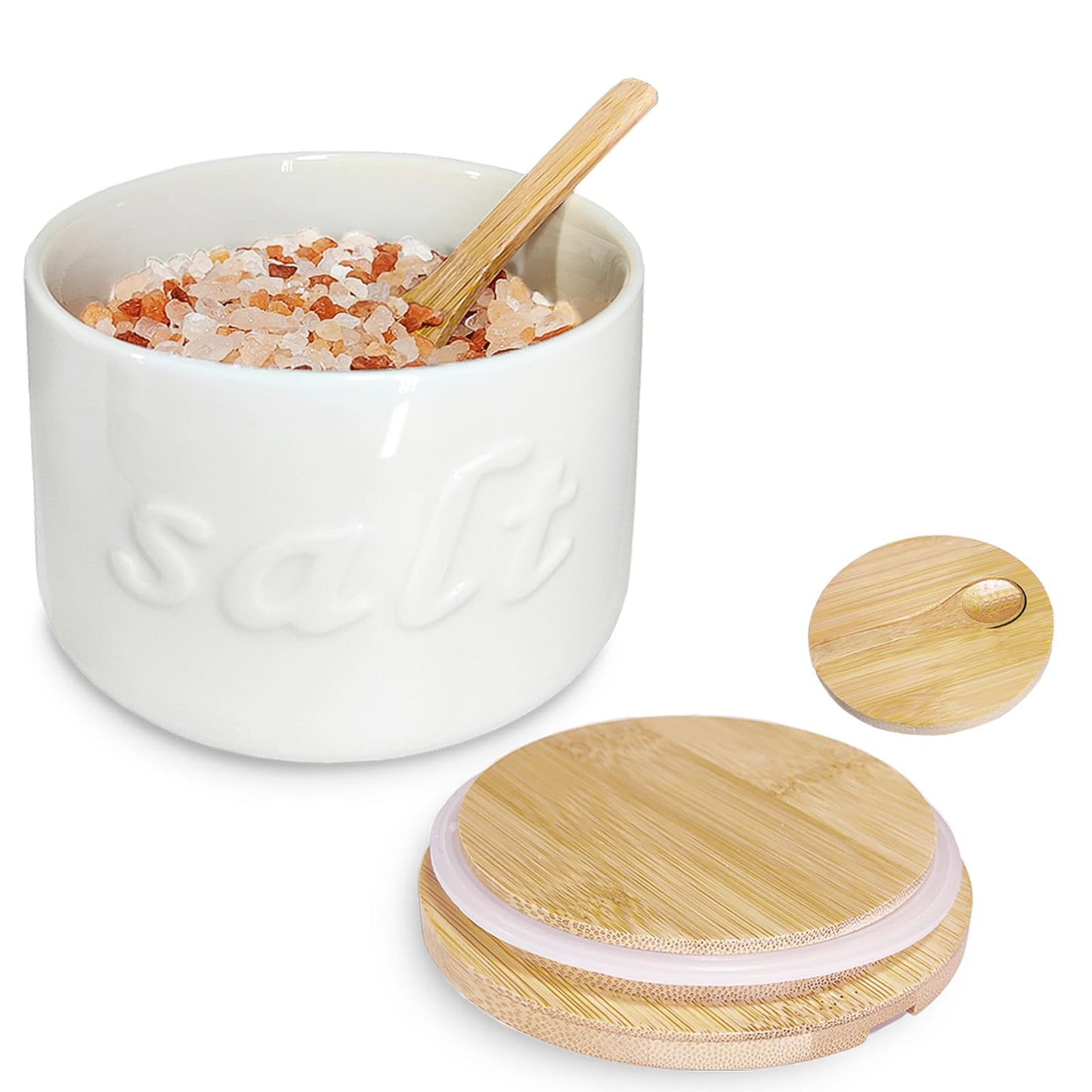 NAXIHOPT Salt Cellar with Lid and Spoon, 16 OZ Airtight Salt Container for Countertop, Ceramic Storage Container for Spices, White