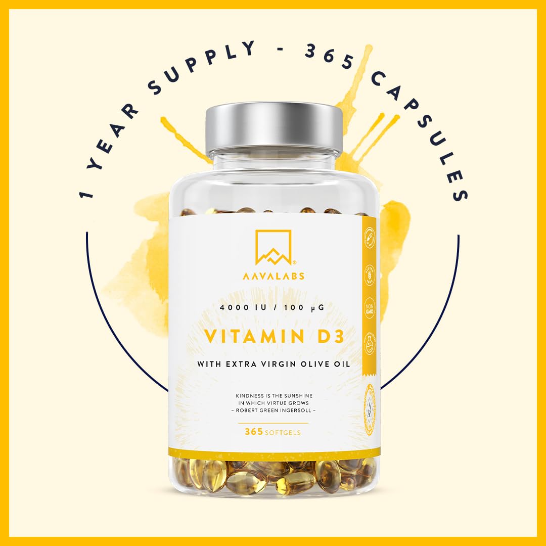 Vitamin D3 4000 IU - with Extra Virgin Olive Oil for Optimum Absorption - High Strength Vitamin D Supplement Contributes to Bone, Muscle and Immune Function - 365 Vitamin D Capsules