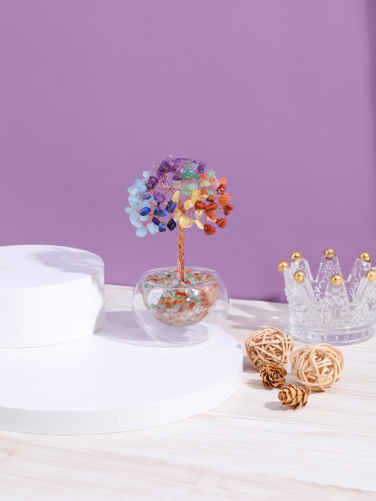 Jovivi 7 Chakra Crystal Trees Hollow Glass Base,4.72"-5.12" Natural Gemstone Healing Crystals Tree of Life Bonsai Money Tree for Home Office Table Decor Wealth and Luck