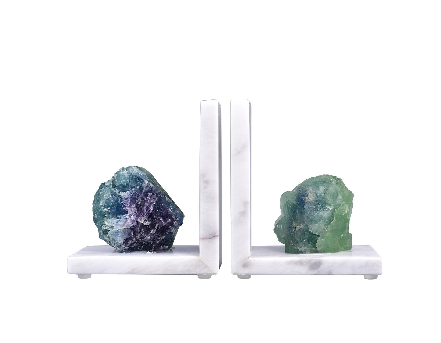 AMOYSTONE Marble & Fluorite Bookends - Heavy Duty L-Shape Book Stopper, Non-Slip, Decorative Crystal Bookends for Home Office Decor(1 Pair, 4-6 lbs)