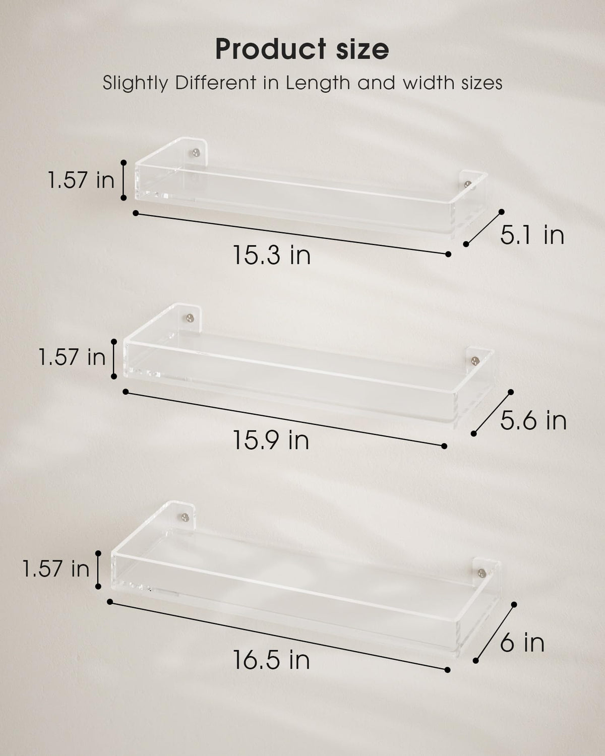 MaxGear Acrylic Clear Floating Shelves with Edge, Wall Mounted Hanging Bookshelves, Decorative Display Wall Shelves Storage Organizer for Bathroom, Bedroom, Kitchen, Easy Installation, Set of 3