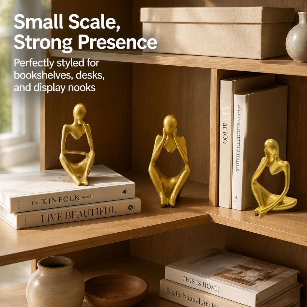 GJFASGF Gold Thinker Statue Set of 3 - Abstract Resin Figurines for Home Decor, Modern Art Sculpture for Office Desk, Bookshelf, Living Room, Minimalist Tabletop Decoration (5 inches)