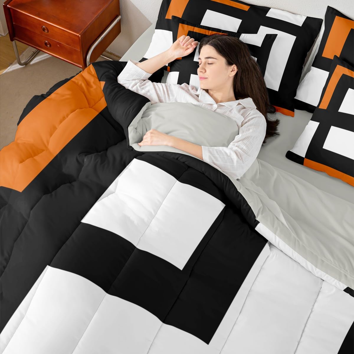 Erosebridal Blue Black and White Striped King 7-Piece Bedding Set for Adult Women Men Square Abstract Comforter Set Modern Geometric Stripes Bold Lines Bed in a Bag Plaids Bed Collections