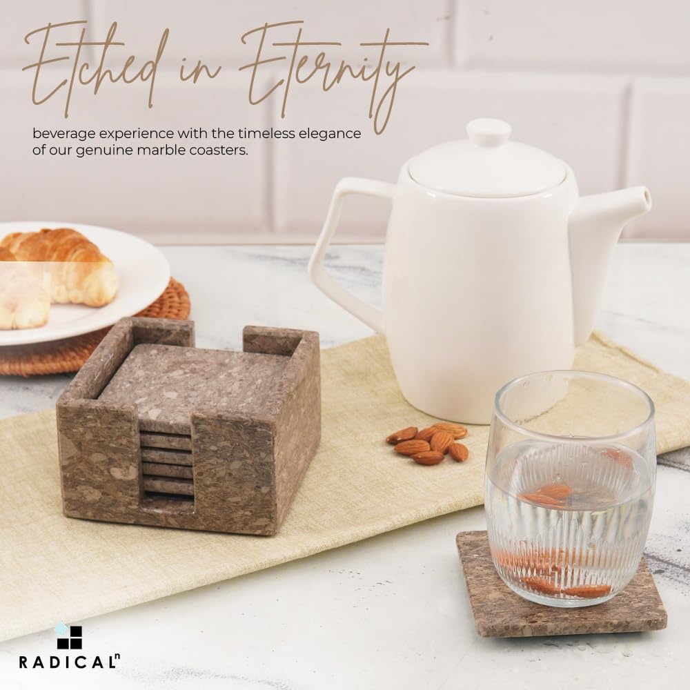 Radicaln Marble Coasters Set of 6 Handmade 3.5" Inch Oceanic Coasters for Drinks, Stylish Square Coaster Set with Holder for Coffee Tables