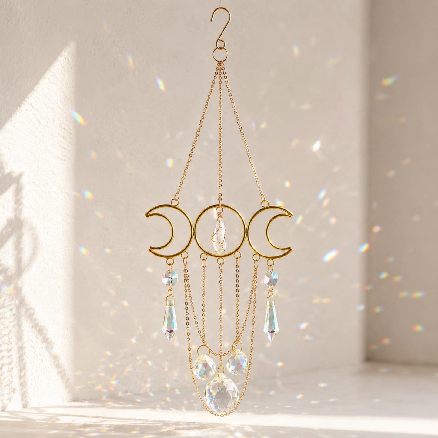 Bohemian Moon Crystal Suncatcher, Hanging Crystal Decoration for Window