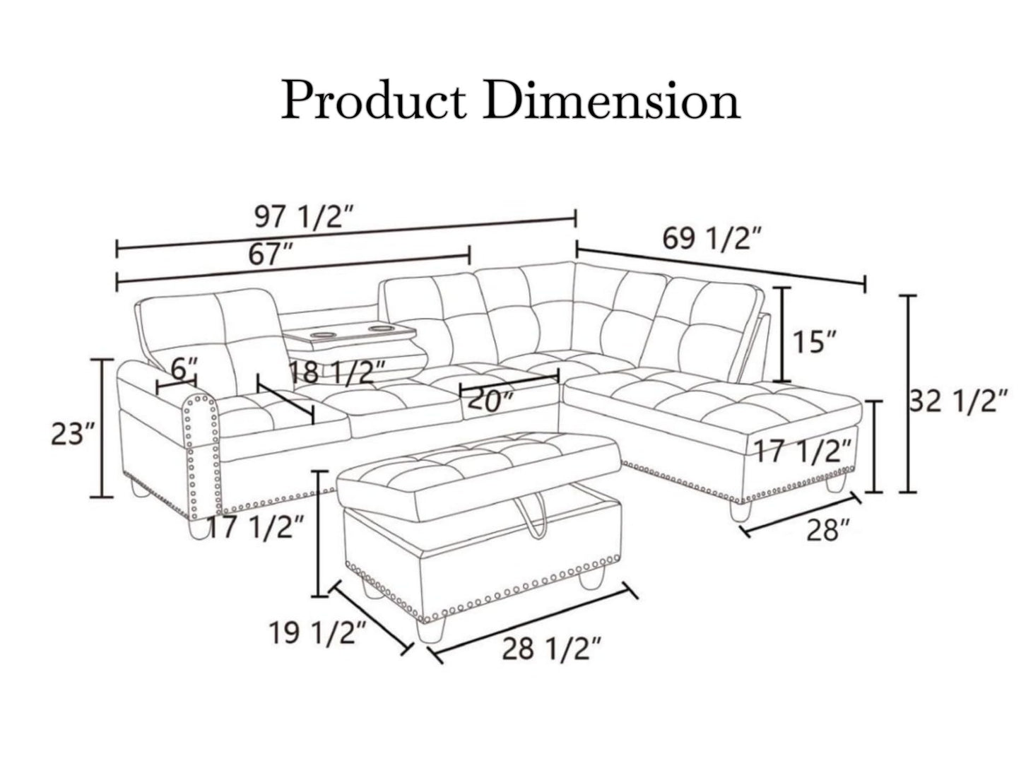 Trygoal 97.5" Linen L Shaped Couch with Right Chaise & Cup Holder, Sectional Sofas Modular Furniture Set with Storage Ottoman, Convertible Couches for Living Room, Small Space & Office (Black)