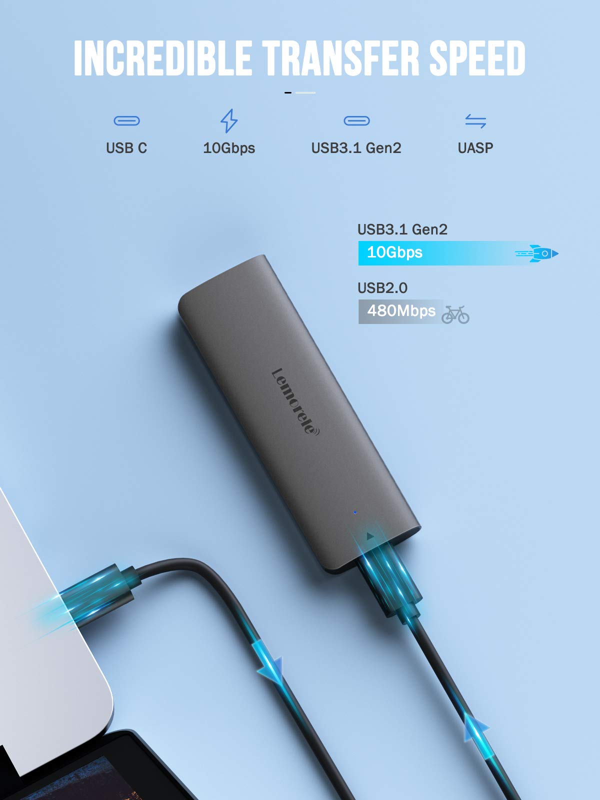 Lemorele M.2 NVMe Enclosure,USB 3.2 Gen2 10Gbps Tool-Free ,SSD Enclosure for NVMe PCIe M-Key,Nvme USB Adapter Support UASP Trim for 2280 2260 2242 2230(Sata NOT Supported)