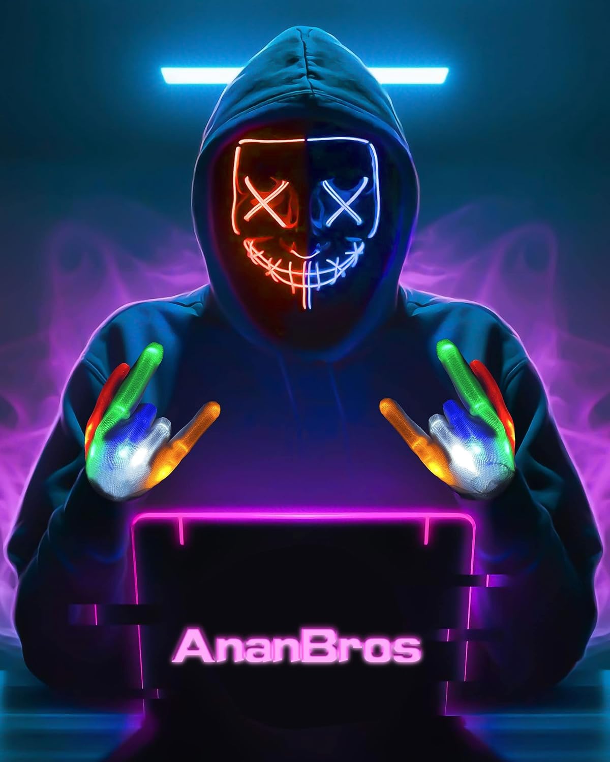 AnanBros Scary Halloween Mask Skeleton Gloves Costumes for Men, 3 Modes Purge Mask Light Up 6 Modes LED Glow Gloves, LED Anonymous Scream Halloween Mask, Halloween Costumes for Boys Kids Adult