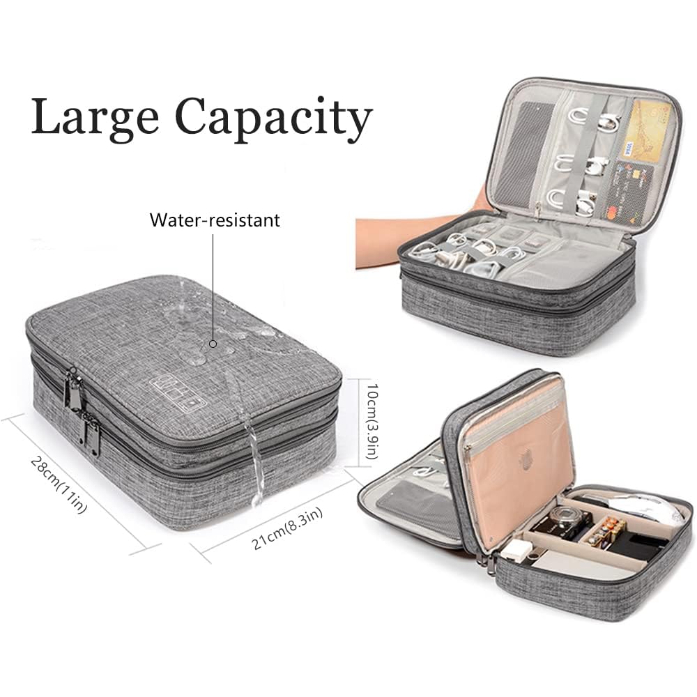 HCFGS Travel Cable Organiser Bag, Electronics Accessories Organizer Bag Extra Large 3-Layers Universal Carry Travel Gadget Bag for Power Bank, Memory Card, Data cable, Charger Hard Disk (Grey)