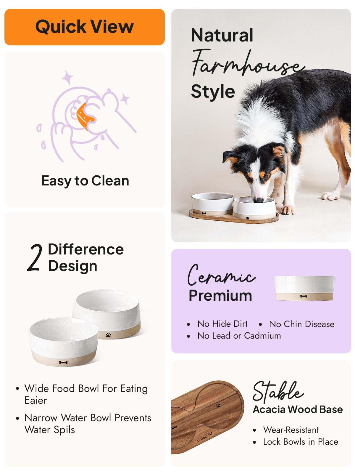 LE TAUCI PET Ceramic Dog Bowls for Medium and Small Dogs - 3.2 Cup Weighted Non-Slip Food and Water Bowls with Acacia Wood Tray, Pet Bowl Set of 2