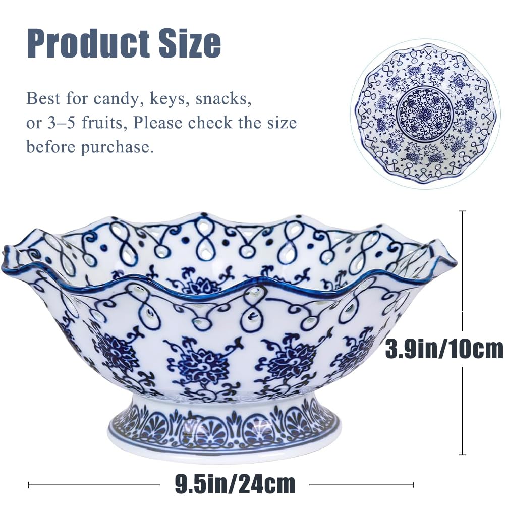 Blue and White Decorative Fruit Bowl for Kitchen Counter - 9.5" Large Ceramic Fruit Pedestal Bowl for Home Table Decor, Blue and White Chinoiserie Floral Decor, Large China Footed Fruits Bowls Basket