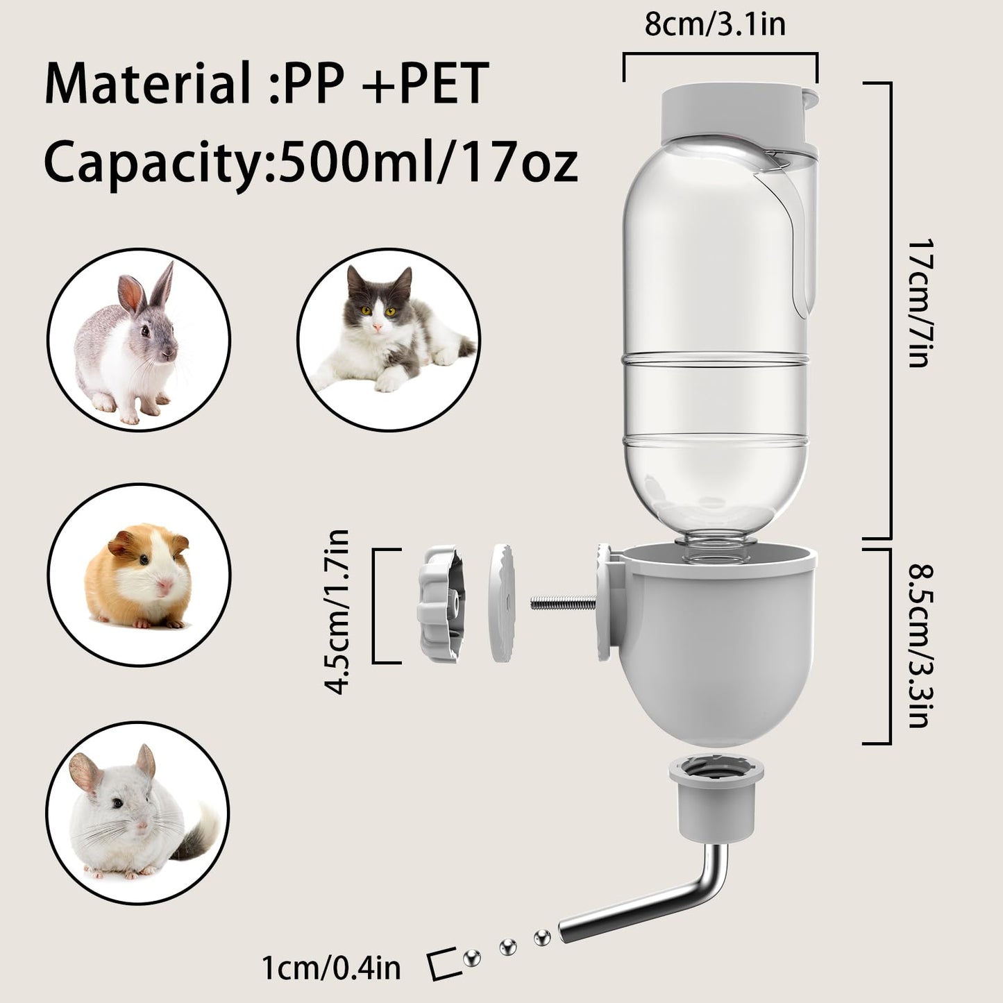 TOKAYIFE Pet Water Bottle for Cage Crate 500ml Water Dispenser for Small Animal Rabbit Guinea Pig Chinchilla Ferret Squirrel Hedgehog (Grey)