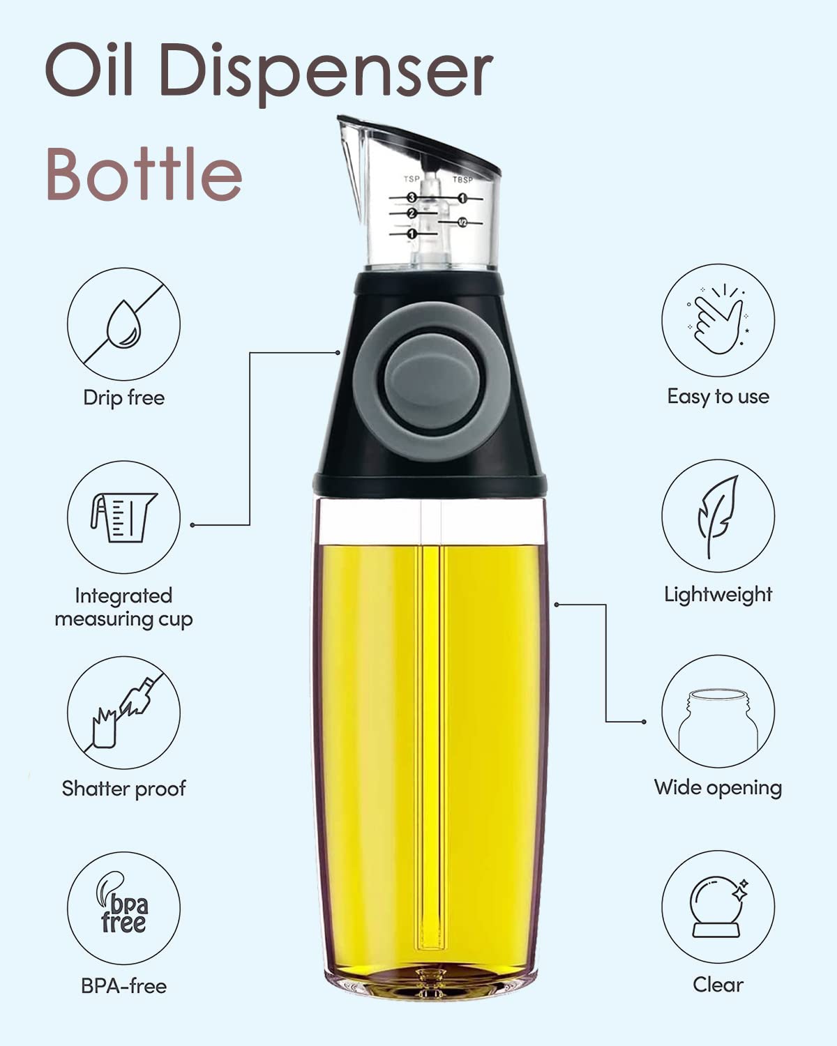KITLAB Oil Dispenser Bottle, 17oz Olive Oil Dispenser Oil Sprayer, Clear Glass Refillable Oil and Vinegar Dispenser Bottle with Measuring Scale Pump for Kitchen, Cooking, Salads, Baking Frying