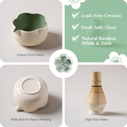 ChaseWind Matcha Set, 8Pcs Floral Ceramic Matcha Kit with Matcha Whisk, Holder, Scoop, Scoop Rest, Sifter, Spoon and Tea Towel - Thoughtful Matcha Whisk Set Gift for Matcha Lovers (Beige & Green)