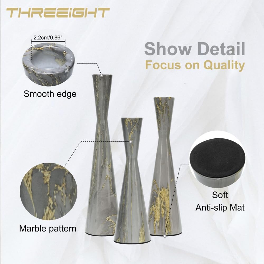 Threeight Metal Taper Candle Holders Set of 3 for Pillar Candles, Grey Marble Pattern Candle Stick Set Modern Decorative Centerpiece for Table Mantel,Wedding Housewarming Present,Dinning Party