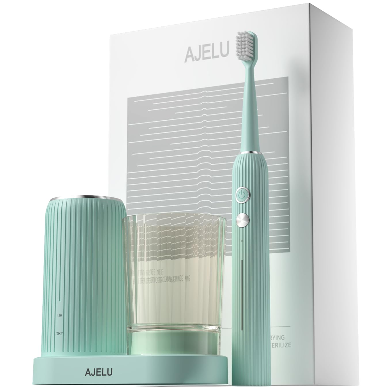 Electric Toothbrush Set with Drying & Sanitizing Holder, 8 Replacement Brush Heads, Transparent Rinse Cup, Smart Timer, USB Rechargeable for Adults