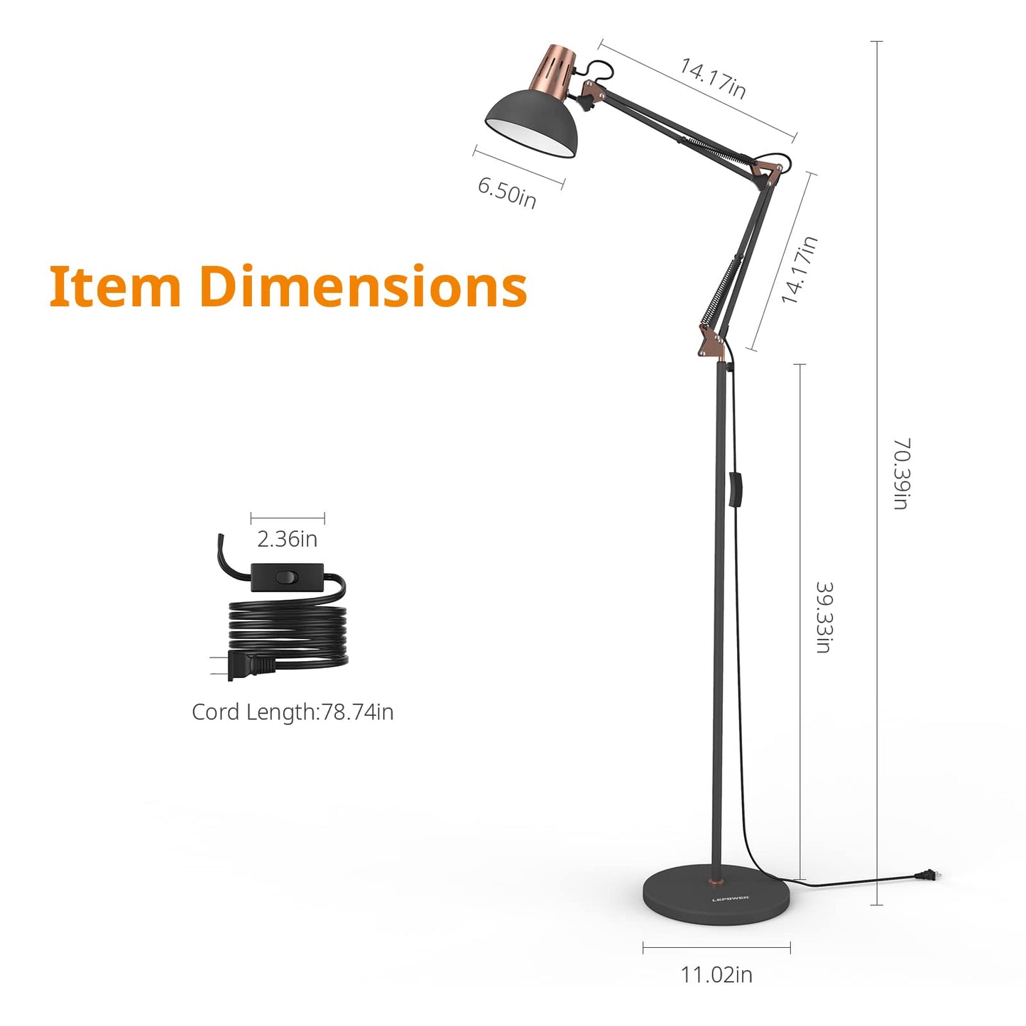 LEPOWER Floor Lamp, Metal Adjustable Reading Swing Arm Standing Lamp with Heavy Metal Base, Eye-Caring Reading/Pole Lamp with On/Off Switch for Living Room, Bedroom, Office Sand Black