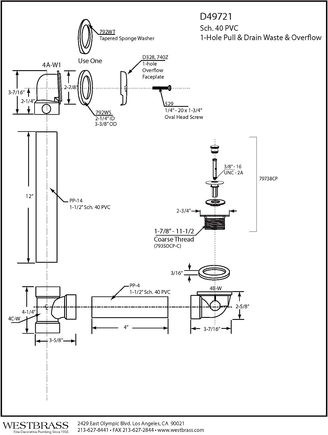 Westbrass D49721-4-12 1-1/2" Bath Waste & Overflow Assembly with Pull Drain Stopper and One-Hole Faceplate Top Elbow - Sch. 40 PVC, Oil Rubbed Bronze (4-Pack)