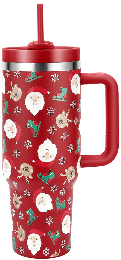 Skywerc Christmas Gifts for Women Mom Daughter, 40 oz Christmas Tumbler with Handle and Straw Lid, Xmas Stainless Steel Insulated Travel Mug, Keep Cold for 34 Hours (Red Santa & Deer)