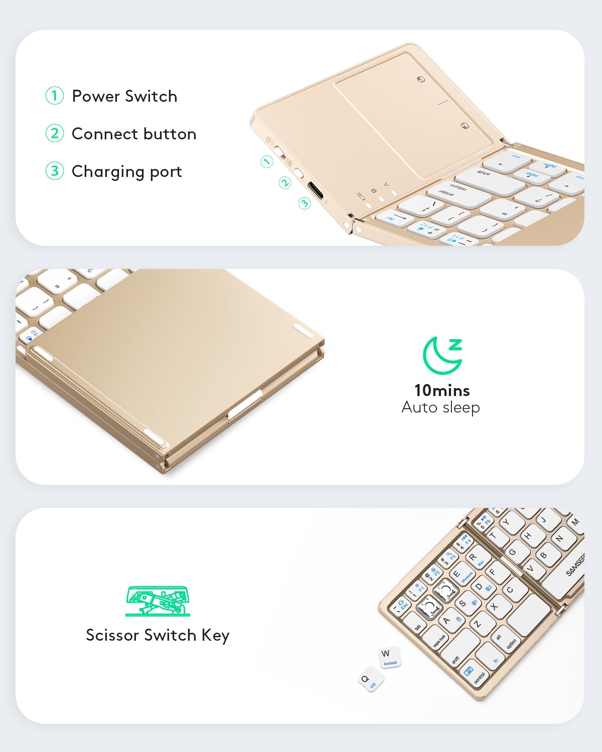 Samsers Foldable Bluetooth Keyboard with Touchpad - Portable Wireless Keyboard with Holder, Rechargeable Full Size Ultra Slim Pocket Folding Keyboards for Android Windows iOS Tablet & Laptop - Black
